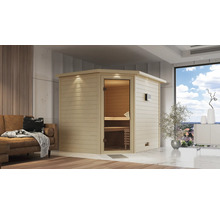 Massivholzsauna Karibu Kanami inkl. 9 kW Ofen u.integr.Steuerung und Dachkranz mit bronzierter Ganzglastüre