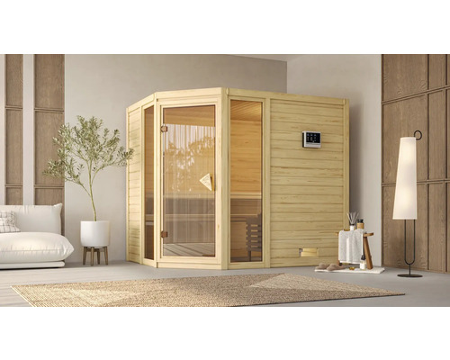 Elementsauna Karibu Tinai 3 inkl. 9 kW Ofen u.integr.Steuerung ohne Dachkranz mit bronzierter Ganzglastüre Holzsauna mit Glastür und digitalem Bedienfeld in einem hellen Raum.
