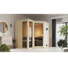 Ecksauna mit Glastür und Bedienfeld in einem hellen Badezimmer