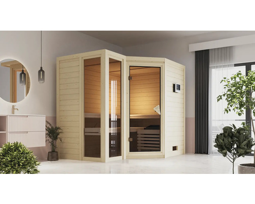 Ecksauna mit Glastür und Bedienfeld in einem hellen Badezimmer