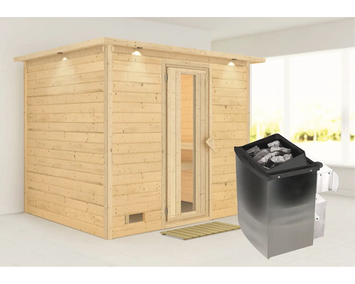 Massivholzsauna Karibu Coral inkl. 9 kW Ofen u.integr.Steuerung mit Dachkranz und Holztür mit Isolierglas wärmegedämmt