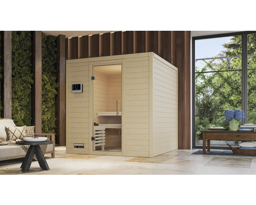 Massivholzsauna Karibu Wojave inkl. 9 kW Ofen u.ext.Steuerung ohne Dachkranz mit Ganzglastüre aus Klarglas Massivholzsauna Karibu Wojave inkl. 9 kW Ofen u.ext.Steuerung ohne Dachkranz mit Ganzglastüre aus Klarglas