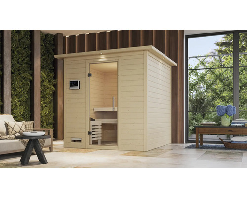 Massivholzsauna Karibu Wojave inkl. 9 kW Ofen u.ext.Steuerung mit Dachkranz und Ganzglastüre aus Klarglas Innenansicht einer Sauna aus Holz mit Glastür und digitalem Bedienfeld