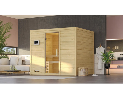 Massivholzsauna Karibu Monara inkl.9 kW Ofen u.ext.Steuerung ohne Dachkranz mit Ganzglastüre aus Klarglas
