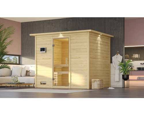 Massivholzsauna Karibu Coral ohne Ofen mit Dachkranz und Ganzglastüre aus Klarglas Massivholzsauna Karibu Coral ohne Ofen mit Dachkranz und Ganzglastüre aus Klarglas