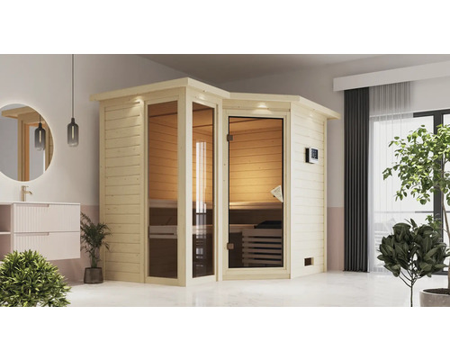 Ecksauna aus Holz mit Glaselementen in einem hellen Badezimmer.