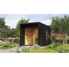 Saunahaus Karibu Miramor inkl.9 kW Ofen u.ext.Steuerung mit Vordach und Holztüre mit Isolierglas wärmegedämt schwarz