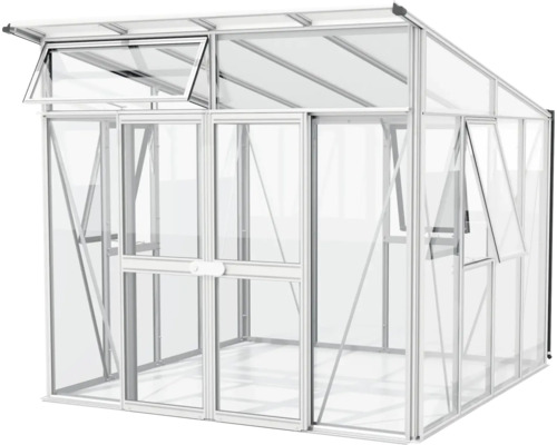 Gewächshaus mit Aluminiumrahmen und geöffneten Fenstern für die Gartenarbeit