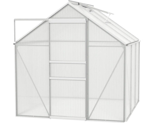 Gewächshaus mit geöffneter Tür und Dachfenster