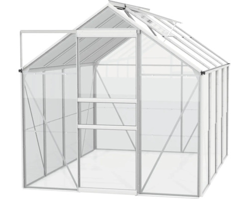 Gewächshaus mit geöffneter Tür und Dachfenster