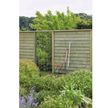 Gartenansicht mit Holzzaun, Rankgitter und Gartenwerkzeugen