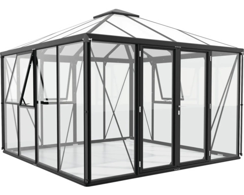 Gewächshaus mit Glaswänden und schwarzem Rahmen