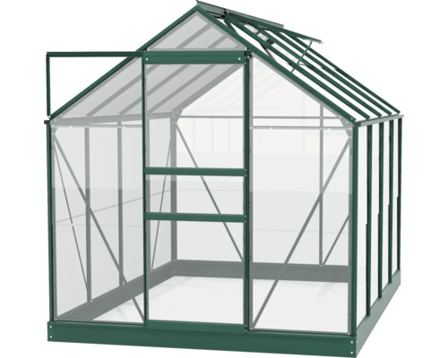 Gewächshaus mit geöffneter Tür und Dachfenster