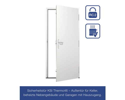 Geöffnete Sicherheitstür KSI Thermo46 mit RC2 Sicherheitsstandard und Wärmedämmung für Keller, beheizte Nebengebäude und Garagen mit Hauszugang