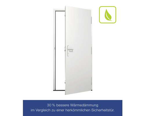 Geöffnete Sicherheitstür mit Wärmedämmung und Umweltzeichen