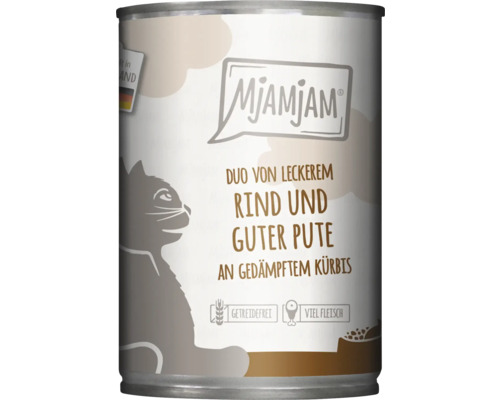 Katzenfutter nass MjAMjAM Duo von Rind und Pute an gedämpftem Kürbis 400 g getreidefrei, glutenfrei