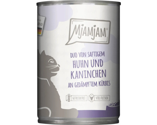 Katzenfutter nass MjAMjAM Duo von Huhn und Kaninchen an gedämpftem Kürbi 400 g getreidefrei, glutenfrei