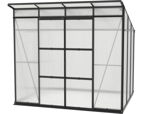 Gewächshaus mit transparenten Wänden und dunklem Rahmen.