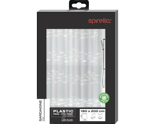 Verpackung einer weißen Spirella Duschvorhangs mit Fischmuster, Größe 180 mal 200 cm