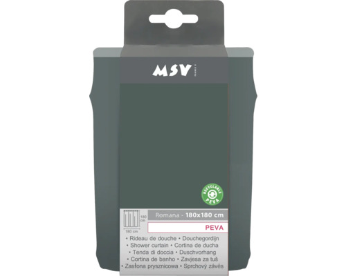 Verpackung einer Duschvorhangs der Marke MSV, Modell Romana, Größe 180x180 cm, Material Polyethylen-Vinylacetat