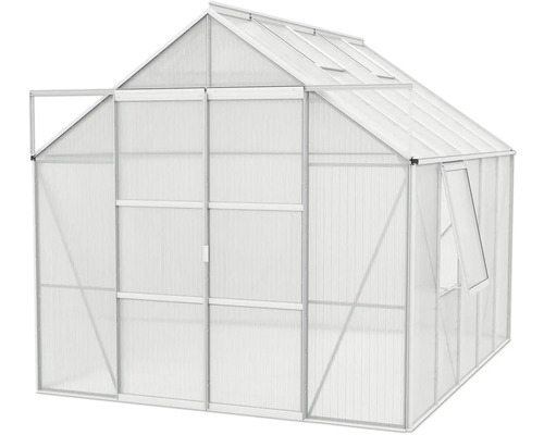 Gewächshaus mit Dachfenstern und geöffneter Tür