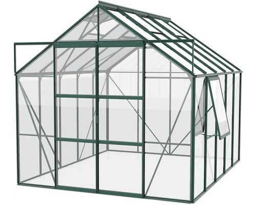 Gewächshaus mit geöffneter Tür und Fenster für den Garten