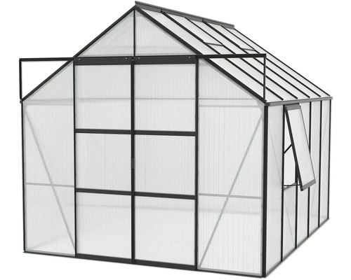 Gewächshaus mit geöffneter Tür und Fenster für den Garten