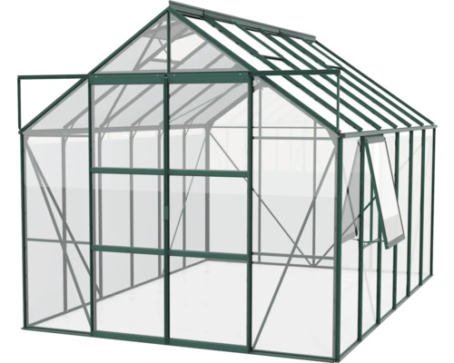 Gewächshaus mit geöffneter Tür und Fenster für den Garten