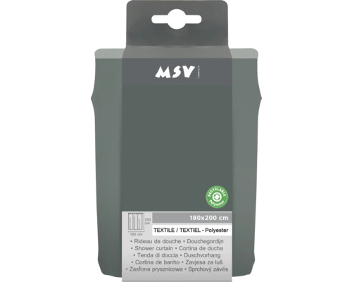 Verpackung einer Duschvorhangs aus Textil und Polyester mit den Maßen 180 mal 200 Zentimeter