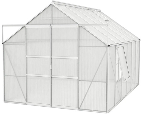 Gewächshaus mit geöffneter Tür und Fenster