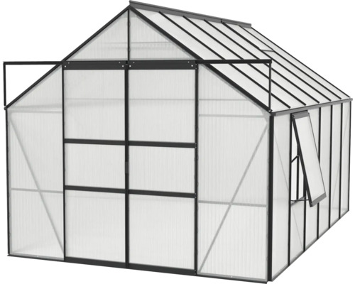 Gewächshaus mit geöffneter Tür und Fenster