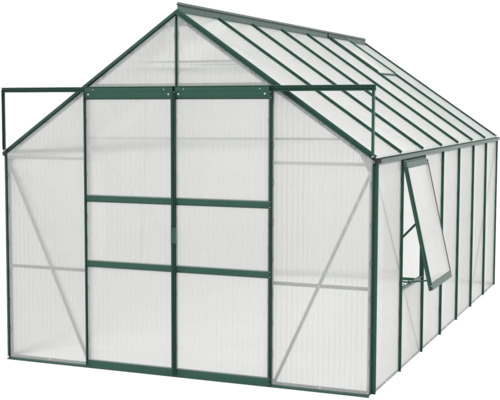 Gewächshaus mit geöffneter Tür und Fenster für den Garten