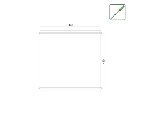 Technische Zeichnung eines Möbelstücks mit den Maßen 442 x 440 mm und Montagehinweis