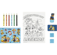 Paw Patrol Set mit Stiften, Malvorlage, Aufklebern, Stempel und Stempelkissen