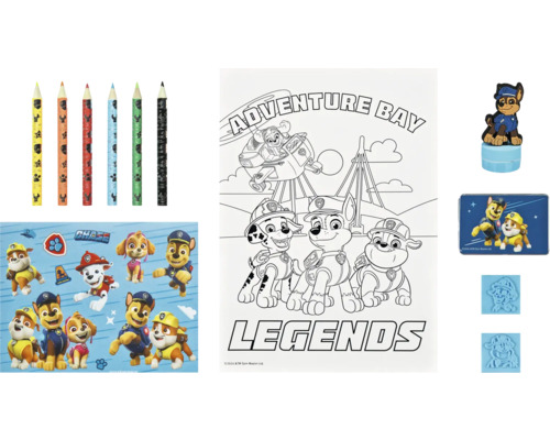 Paw Patrol Set mit Stiften, Malvorlage, Aufklebern, Stempel und Stempelkissen