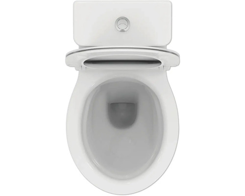 Aufnahme von oben einer weißen Toilette mit offenem Toilettendeckel