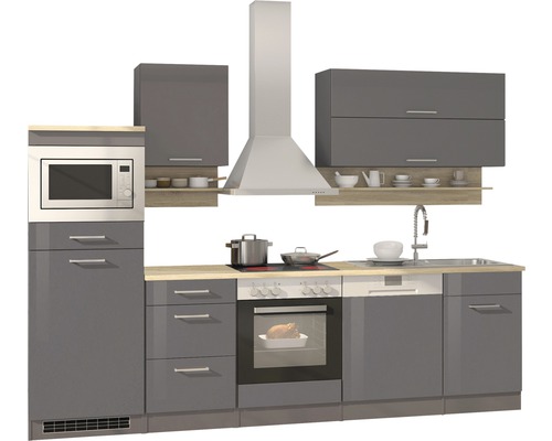 Komplette Küche mit Spüle, Geschirrspüler, Herd, Dunstabzugshaube, Mikrowelle und Hängeschränken