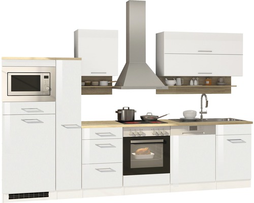 Küchenzeile mit Spüle, Herd, Dunstabzugshaube, Mikrowelle und Oberschränken