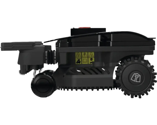 Schwarzer Rasenmähroboter mit Warnsymbolen