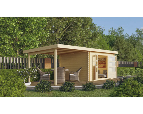 Holzgartenhaus mit überdachter Terrasse, Gartenmöbeln und doppelter Tür in einem Garten.