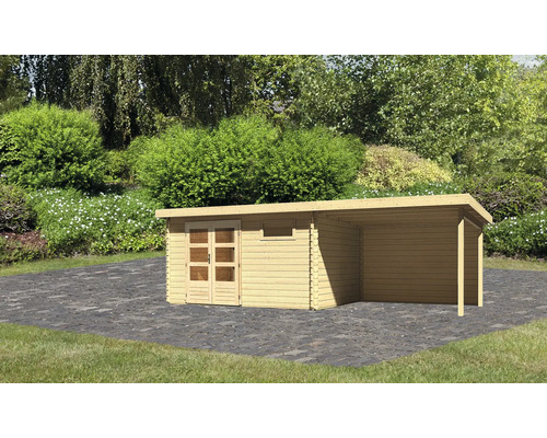 Gartenhaus Karibu Noorvik 8 inkl. Anbaudach 3 m, Rückwand 704 x 333 cm natur Gartenhaus mit Anbau im Außenbereich