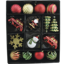 Sortiment Weihnachtskugeln und Figuren in Box