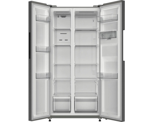 Geöffneter Side-by-Side Kühlschrank mit Regalen und Schubladen