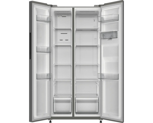 Geöffneter Side-by-Side Kühlschrank mit Fächern und Schubladen