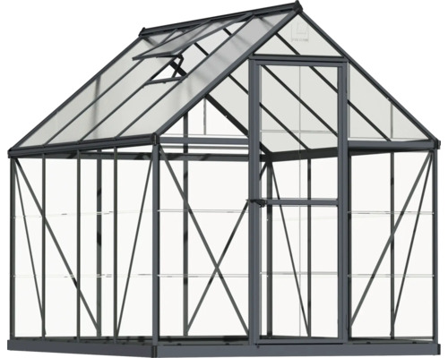 Gewächshaus mit Regalen und Dachfenster