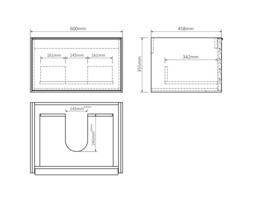 Technische Zeichnung eines Waschtischunterschranks mit Maßangaben
