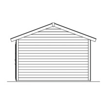 Illustration eines Gartenhauses mit Satteldach und horizontaler Holzverkleidung.