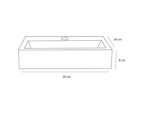 Zeichnung eines Aufsatzwaschbeckens mit den Maßen 38 cm Länge, 24 cm Breite und 8 cm Höhe