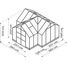 Illustration eines Gewächshauses mit den Maßen 257 cm x 383 cm x 254 cm, Seitenhöhe 160 cm und einem 126 cm langen Abschnitt.