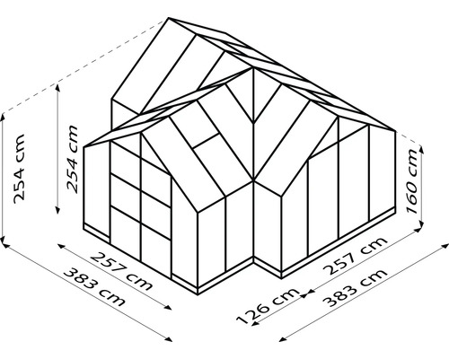 Illustration eines Gewächshauses mit den Maßen 257 cm x 383 cm x 254 cm, Seitenhöhe 160 cm und einem 126 cm langen Abschnitt.